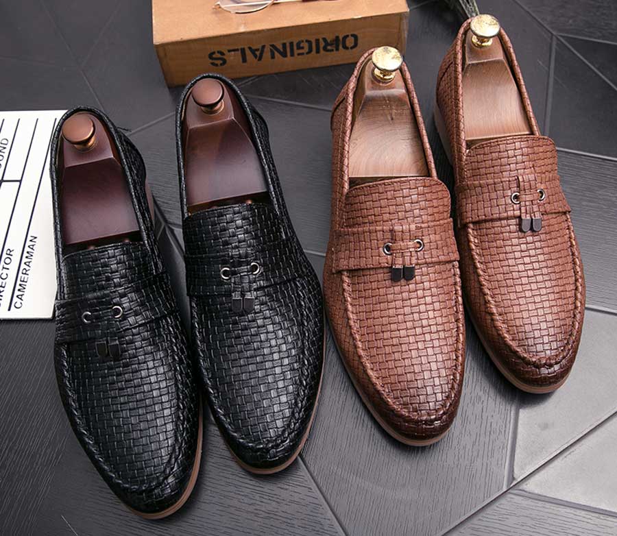 Men's weave pattern tassel on top slip on dress shoe