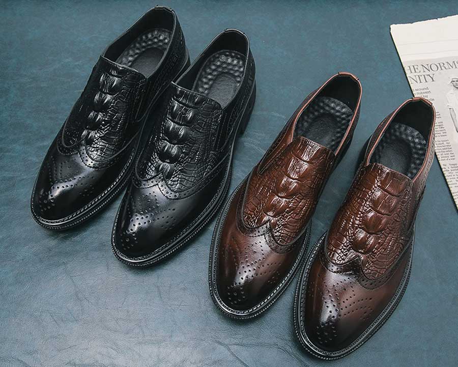 Men's retro brogue croc skin pattern slip on dress shoes