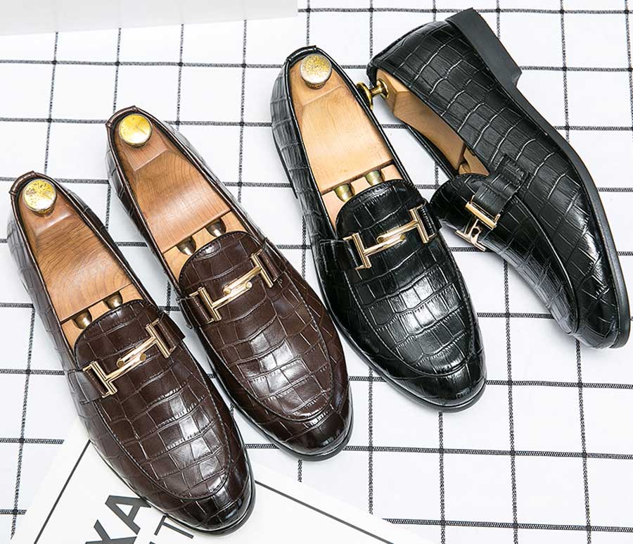 Men's metal buckle croc skin pattern slip on dress shoes