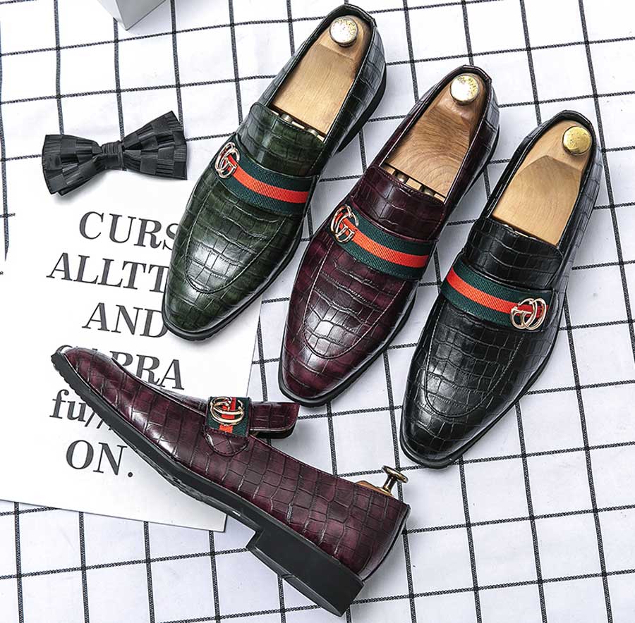 Men's metal & stripe croc skin pattern slip on dress shoes