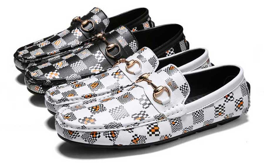 Men's pattern check metal buckle slip on shoe loafers