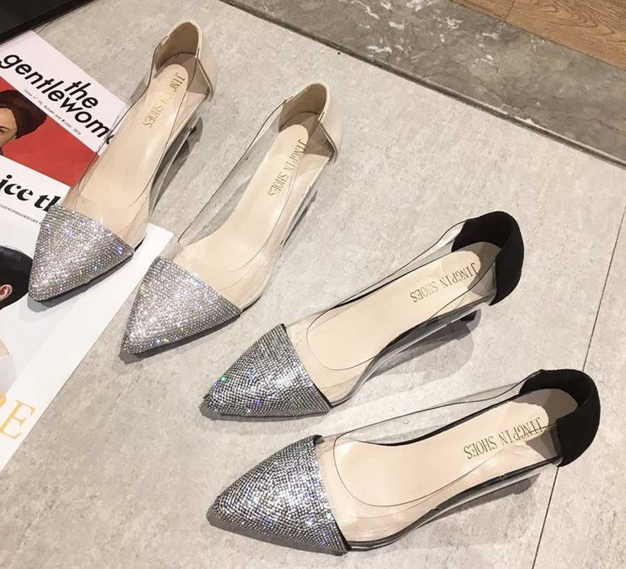 Women's sequin slip on heel dress shoes transparent design