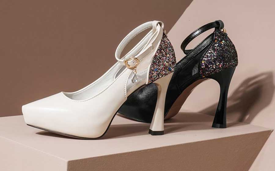 Women's sequin slip on high heel dress shoes ankle strap