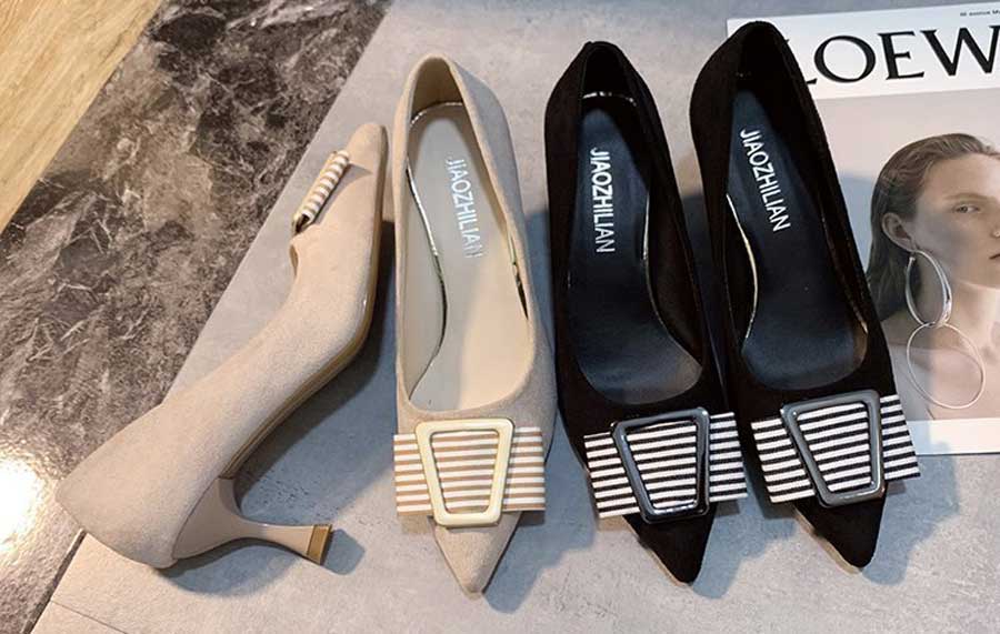 Women's strip pattern buckle slip on heel dress shoes