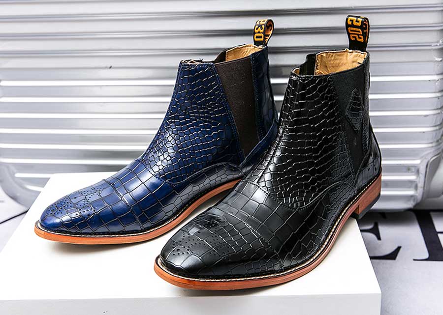 Men's brogue crocodile skin pattern slip on shoe boots
