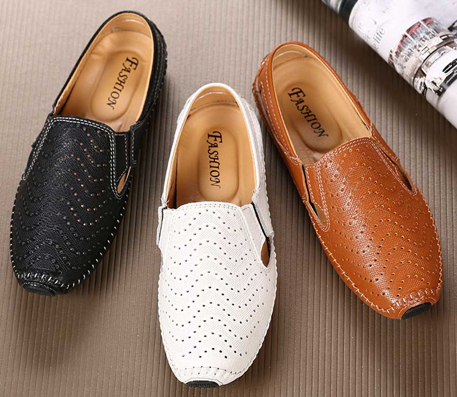 Men's hollow cut out sewn accents slip on shoe loafers