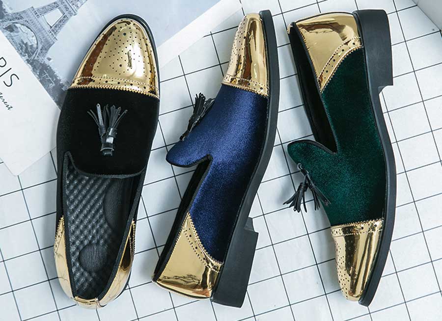 Men's golden brogue tassel on top slip on dress shoes