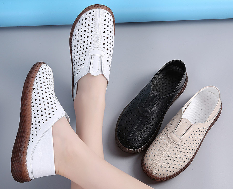 Women's round & triangle hollow cut slip on shoe loafers