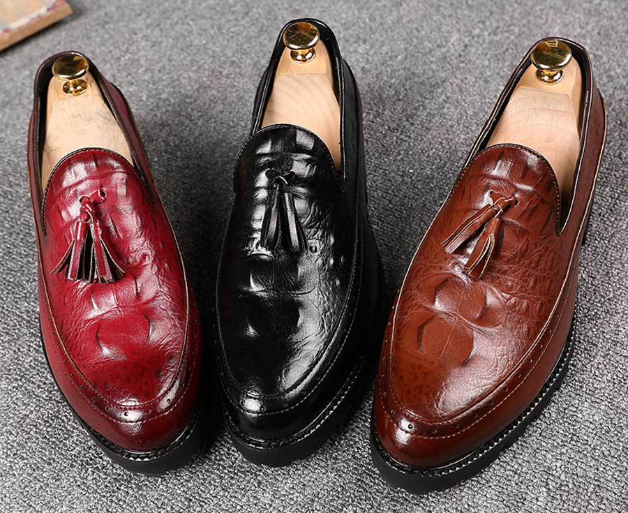 Men's brogue croc skin pattern tassel slip on dress shoes