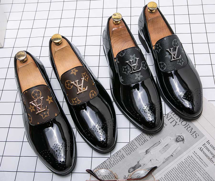 Men's brogue pattern print ornament slip on dress shoes