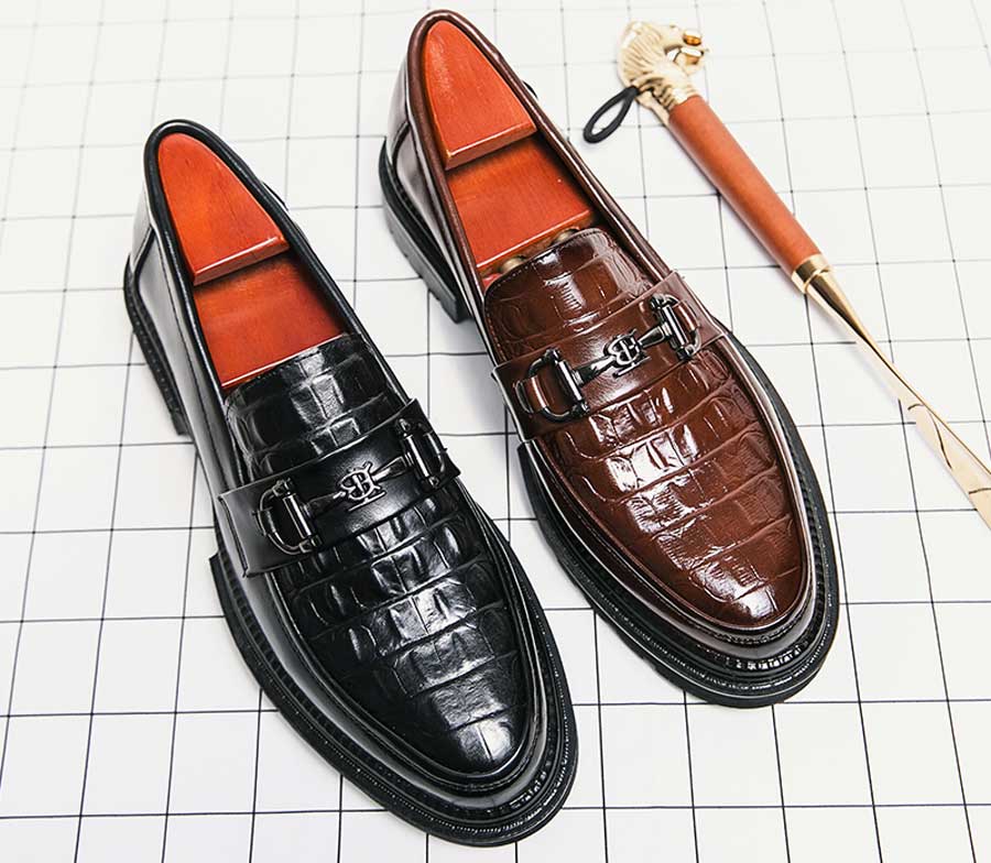 Men's croc pattern metal buckle penny slip on dress shoes