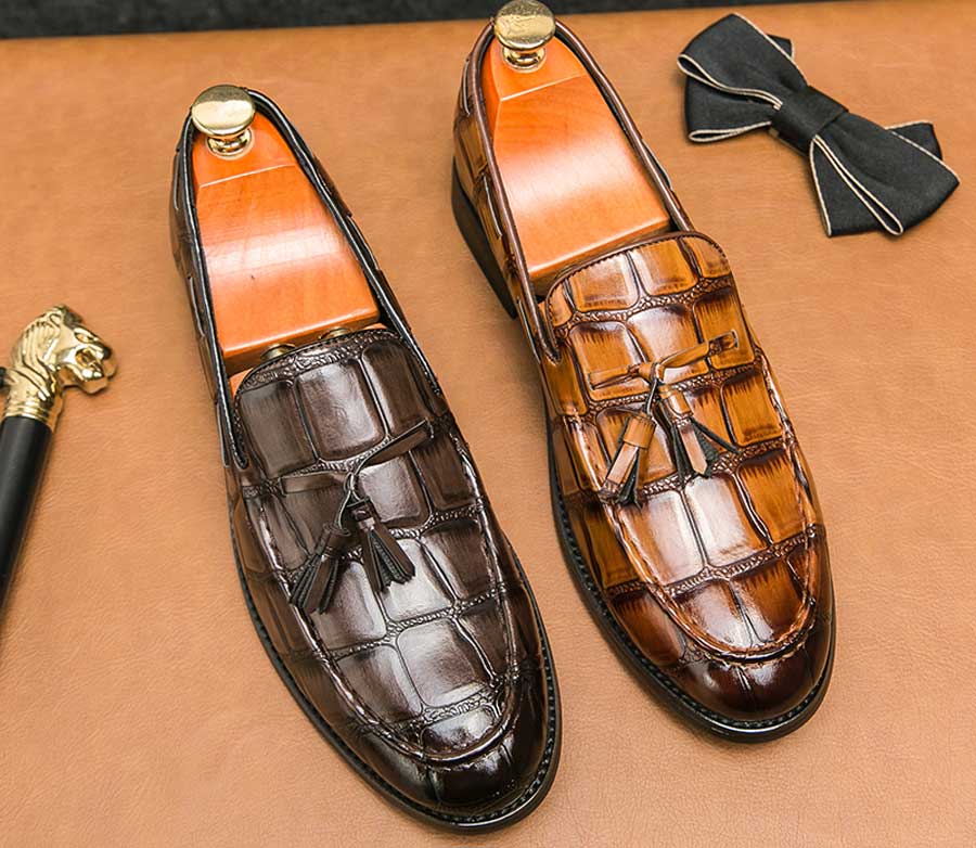 Men's retro croc skin pattern tassel slip on dress shoes