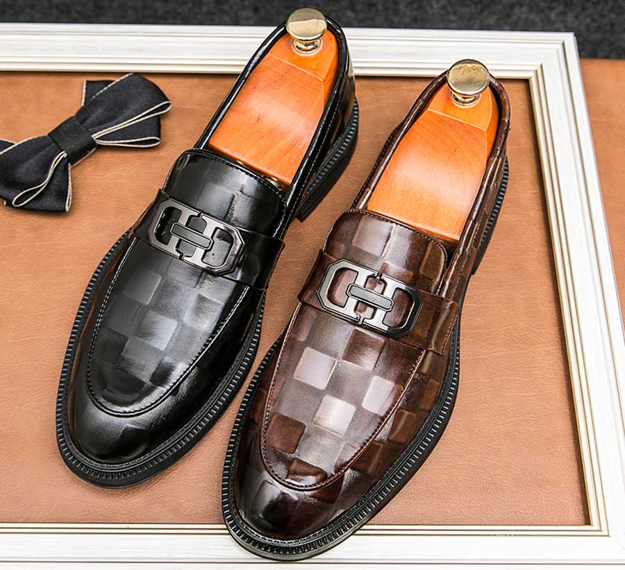 Men's metal buckle check pattern penny slip on dress shoes