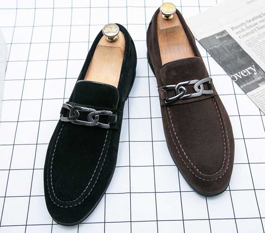 Men's metal buckle sewn accents penny slip on dress shoes