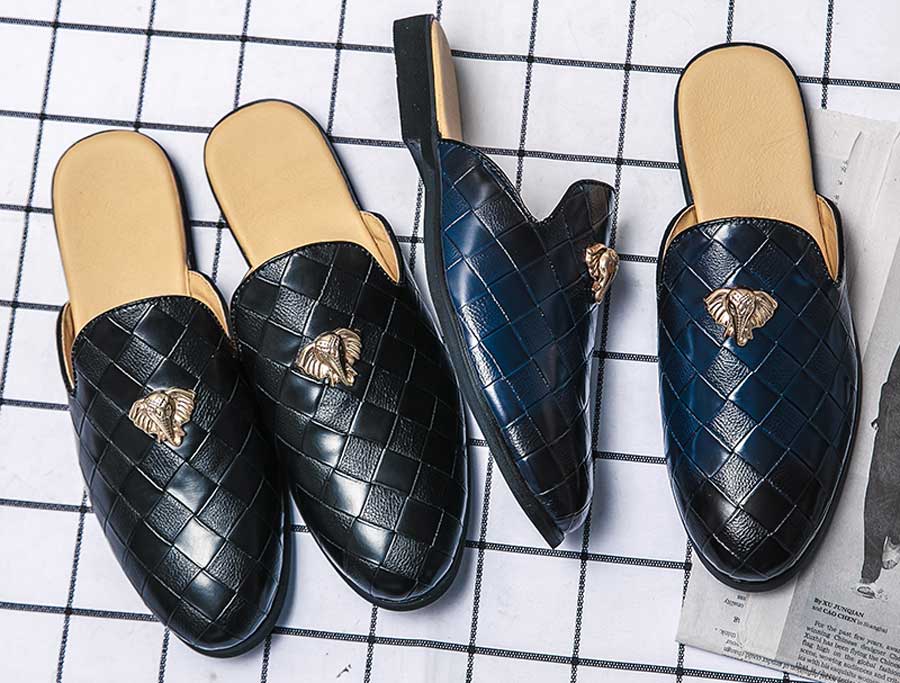 Men's check pattern metal ornament slip on shoe mules