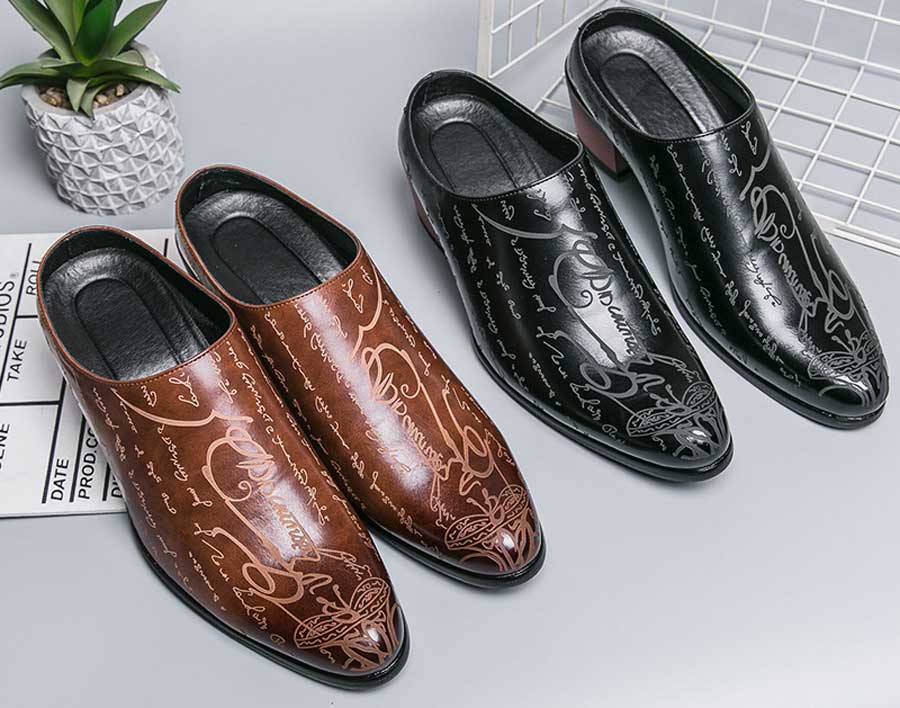 Men's pattern print heeled slip on shoe mules